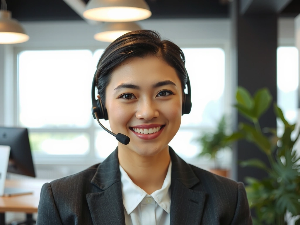 A friendly customer service representative smiling and ready to help, in a bright, modern office setting. Focus on approachability and professionalism.