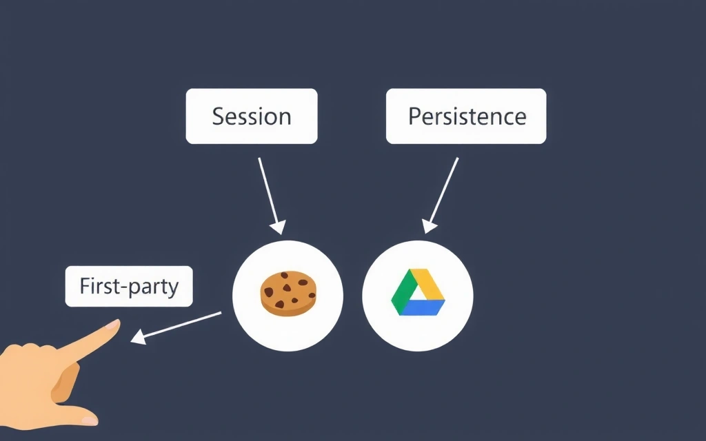Diagram showing different types of cookies and their functions, with arrows indicating data flow and storage.