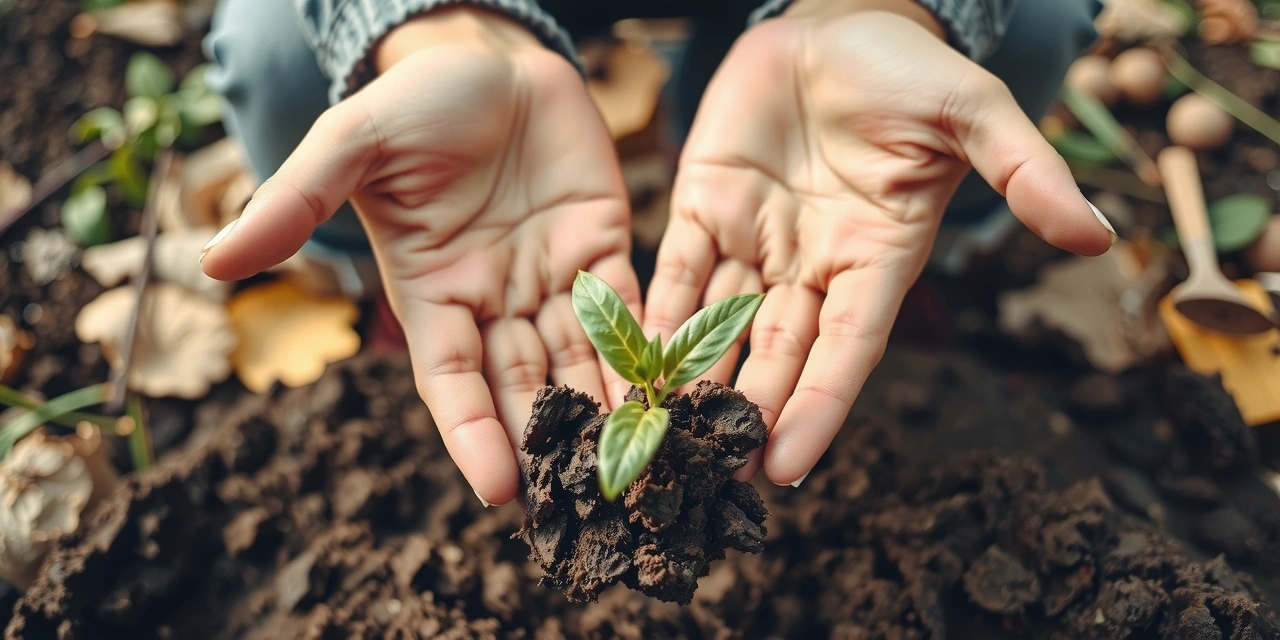 Hands gently holding a sprout growing from fertile soil, symbolizing growth, nature, and care
