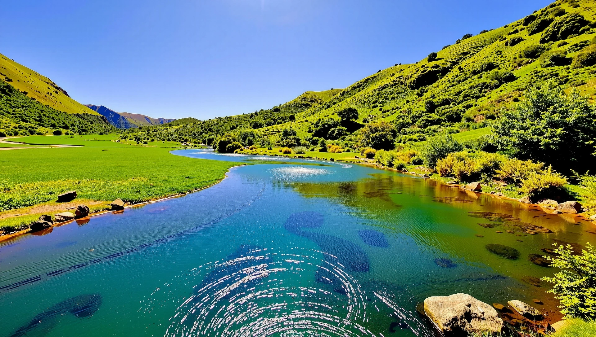 Vibrant natural landscape with a clear blue sky, lush green hills, and sparkling water, conveying purity and wellness